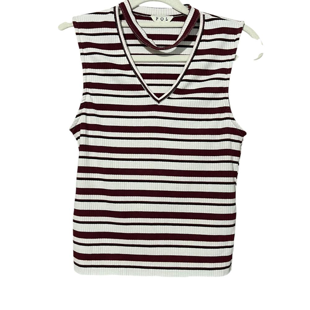 POL Women's Sleeveless Top Small White Red Stripped V-Neck Stretch Minimalist